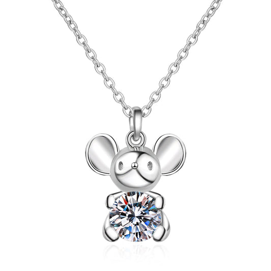 925 Sterling Silver Round Cut CZ Cute Rat Pendant Necklace 1