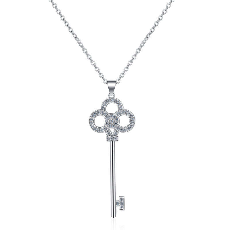 925 Sterling Silver Round Cut CZ Key Pendant Necklace 1