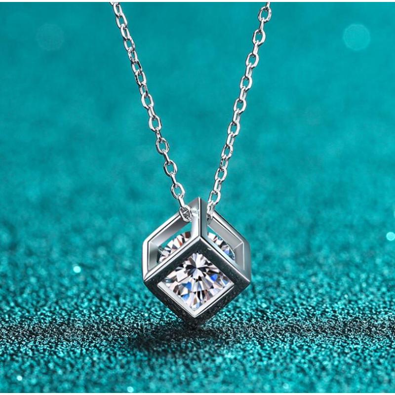 925 Sterling Silver Round Cut CZ Square Box Pendant Necklace 3