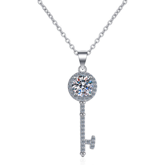 925 Sterling Silver Round Cut CZ Diamond Classic Key Necklace 1