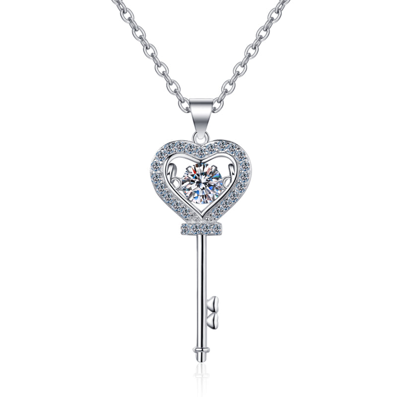 925 Sterling Silver Round Cut CZ Key Heart Pendant Necklace 1