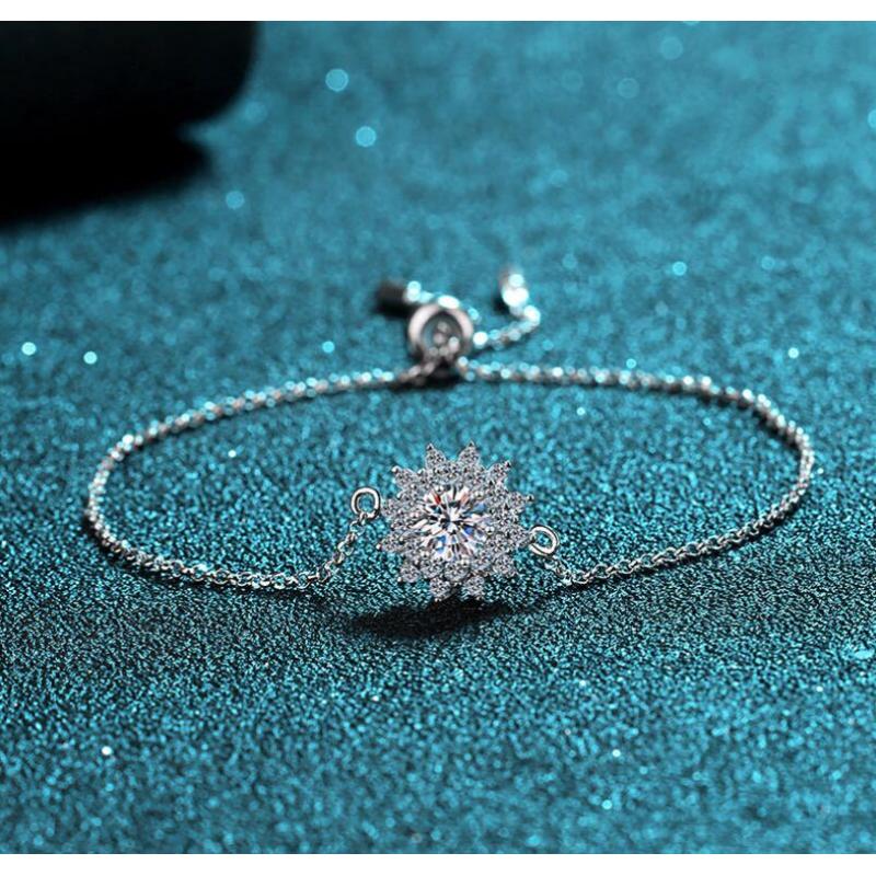 925 Sterling Silver Round Cut CZ Diamond Sunflower Bracelet Adjustable 4