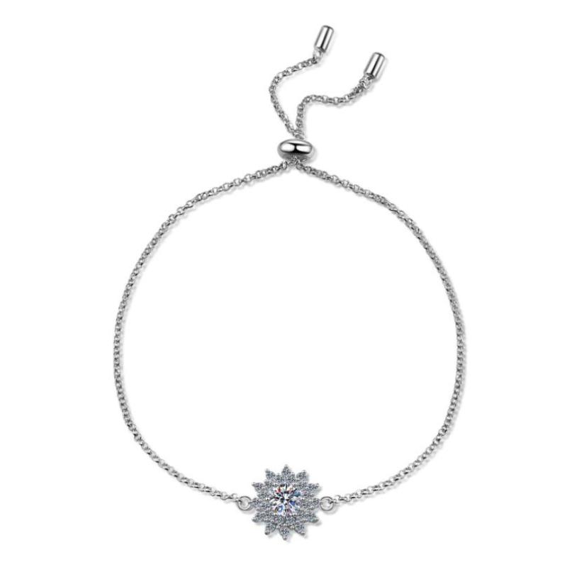 925 Sterling Silver Round Cut CZ Diamond Sunflower Bracelet Adjustable 1