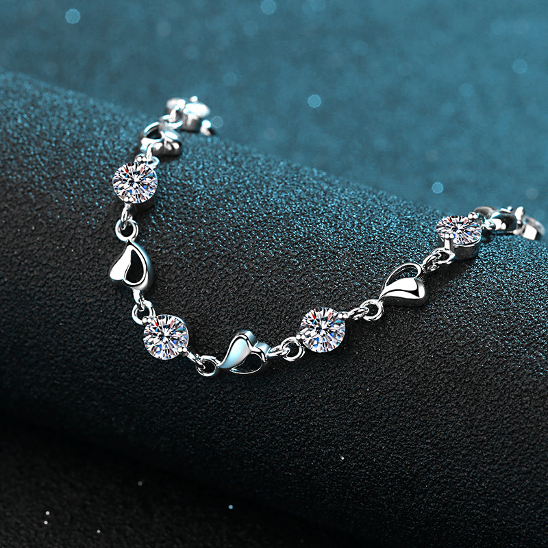 925 Sterling Silver Round Cut CZ Diamond Love Heart Bracelet 6