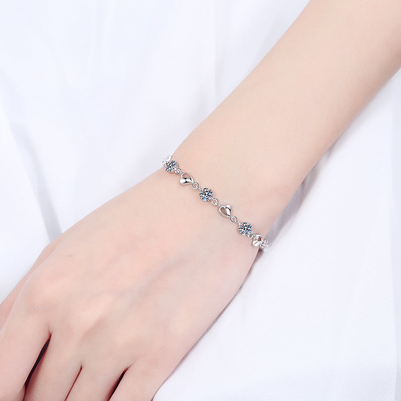 925 Sterling Silver Round Cut CZ Diamond Love Heart Bracelet 3