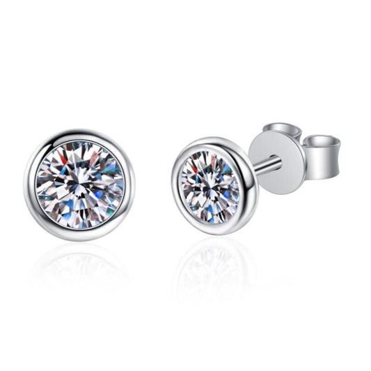 925 Sterling Silver Bezel Setting Round Cut Cubic Zirconia Stud Earrings 1