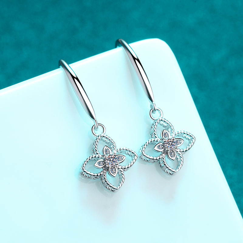 925 Sterling Silver Round Cut Cubic Zirconia Clover Ear Hook Earrings 3