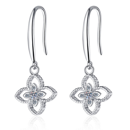 925 Sterling Silver Round Cut Cubic Zirconia Clover Ear Hook Earrings 1