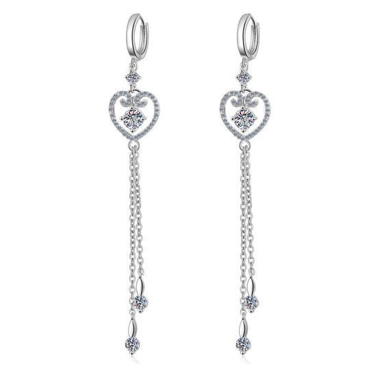 925 Sterling Silver Round Cut  CZ Tassel Heart Shaped Drop Earrings 1