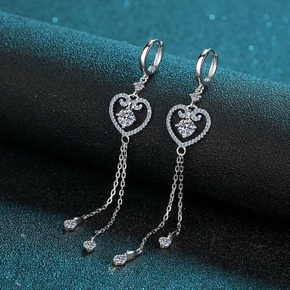 925 Sterling Silver Round Cut  CZ Tassel Heart Shaped Drop Earrings 6