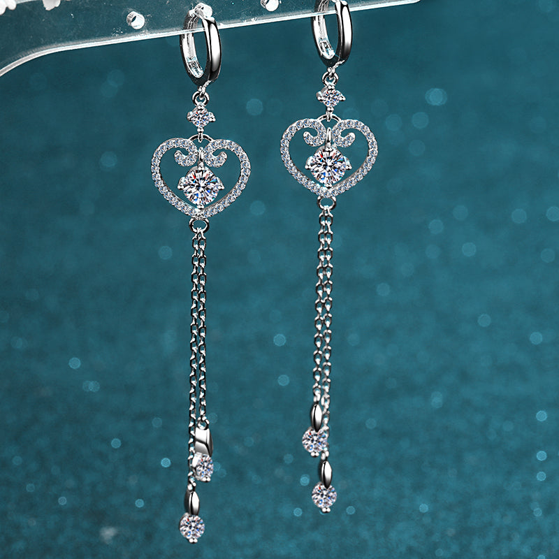 925 Sterling Silver Round Cut  CZ Tassel Heart Shaped Drop Earrings 4