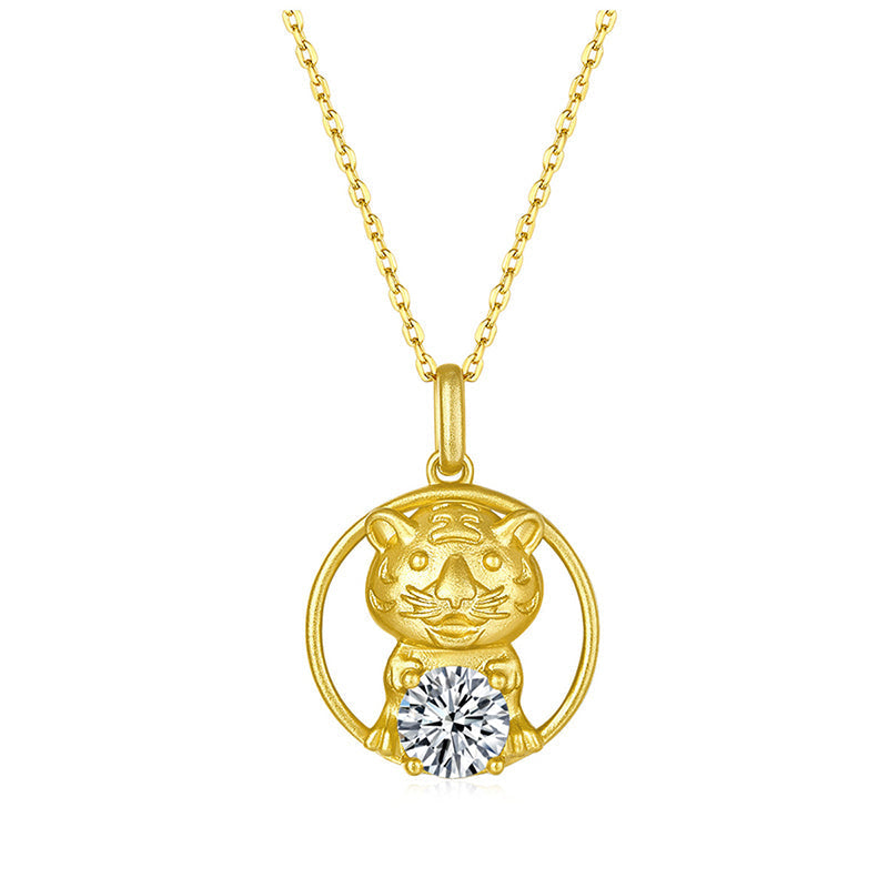 925 Sterling Silver Round Cut CZ Cute Tiger Pendant Necklace 1