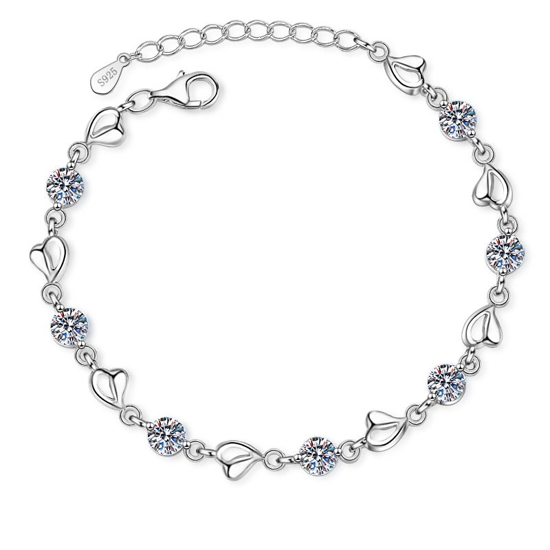 925 Sterling Silver Round Cut CZ Diamond Love Heart Bracelet 1