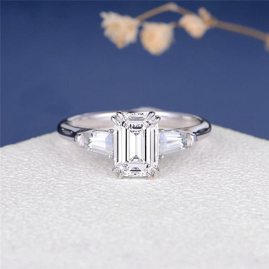 925 Sterling Silver Emerald Cut D Color CZ Three Stone Ring 1