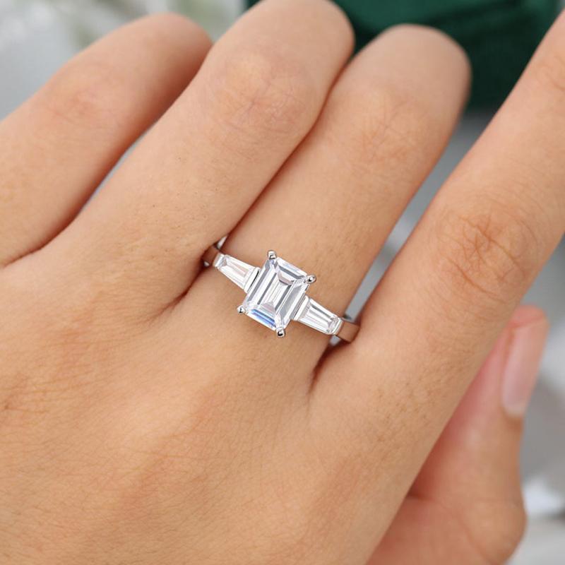 925 Sterling Silver Emerald Cut D Color CZ Three Stone Ring 4