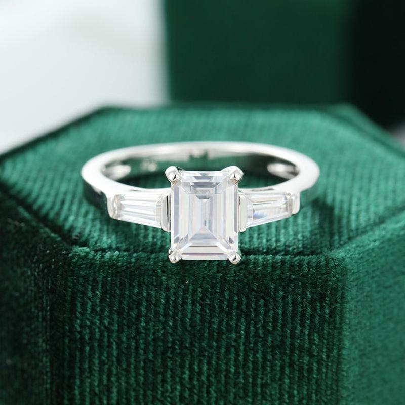 925 Sterling Silver Emerald Cut D Color CZ Three Stone Ring 1