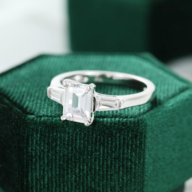 925 Sterling Silver Emerald Cut D Color CZ Three Stone Ring 2