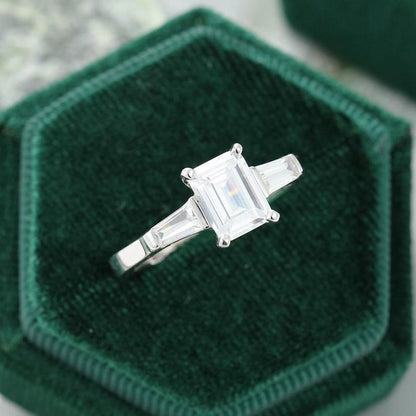 925 Sterling Silver Emerald Cut D Color CZ Three Stone Ring 3