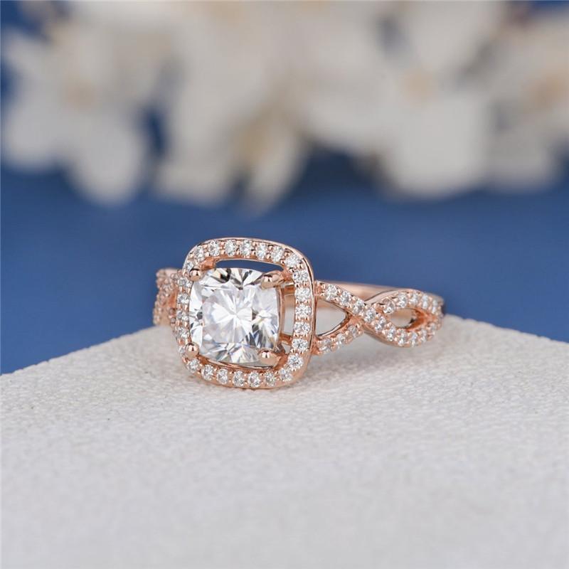 925 Sterling Silver Cushion Cut CZ Twist Shank Halo Ring 2