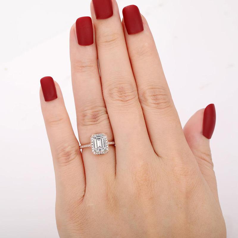 925 Silver Sterling 2 Carat Emerald Cut D Color CZ Halo Ring 5