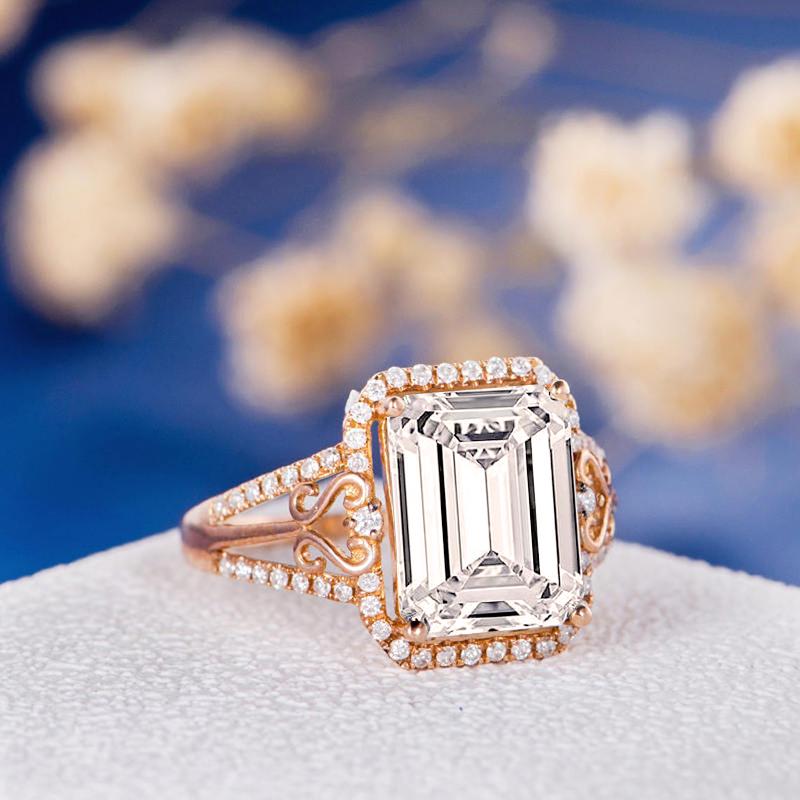 925 Sterling Silver Gold Halo Emerald Cut CZ  Split Shank Ring 3