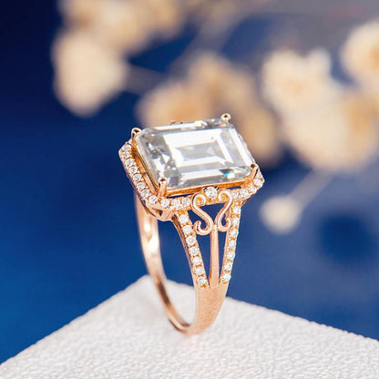 925 Sterling Silver Gold Halo Emerald Cut CZ  Split Shank Ring 4