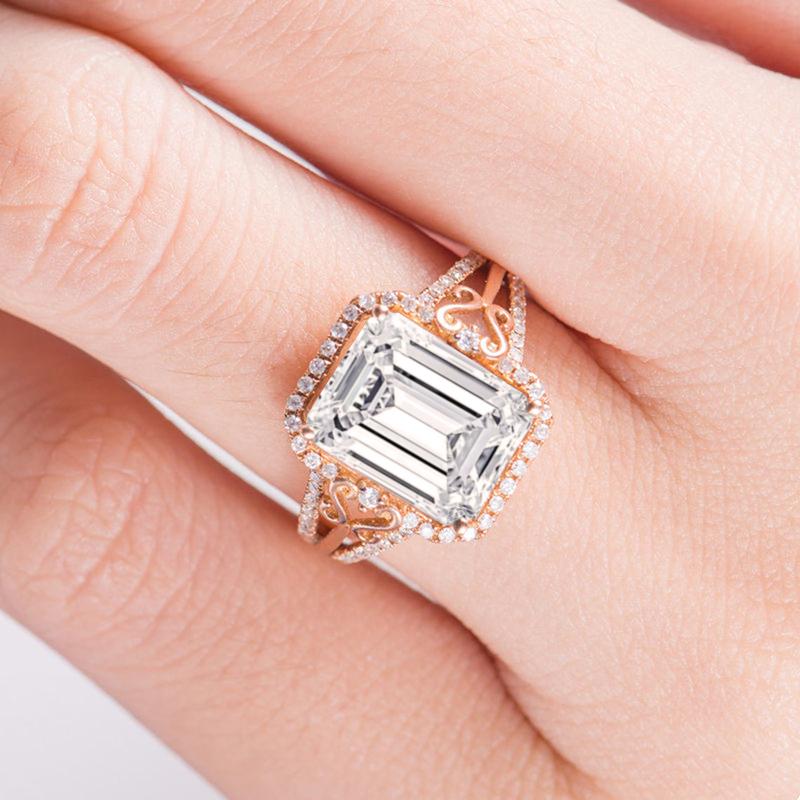 925 Sterling Silver Gold Halo Emerald Cut CZ  Split Shank Ring 2