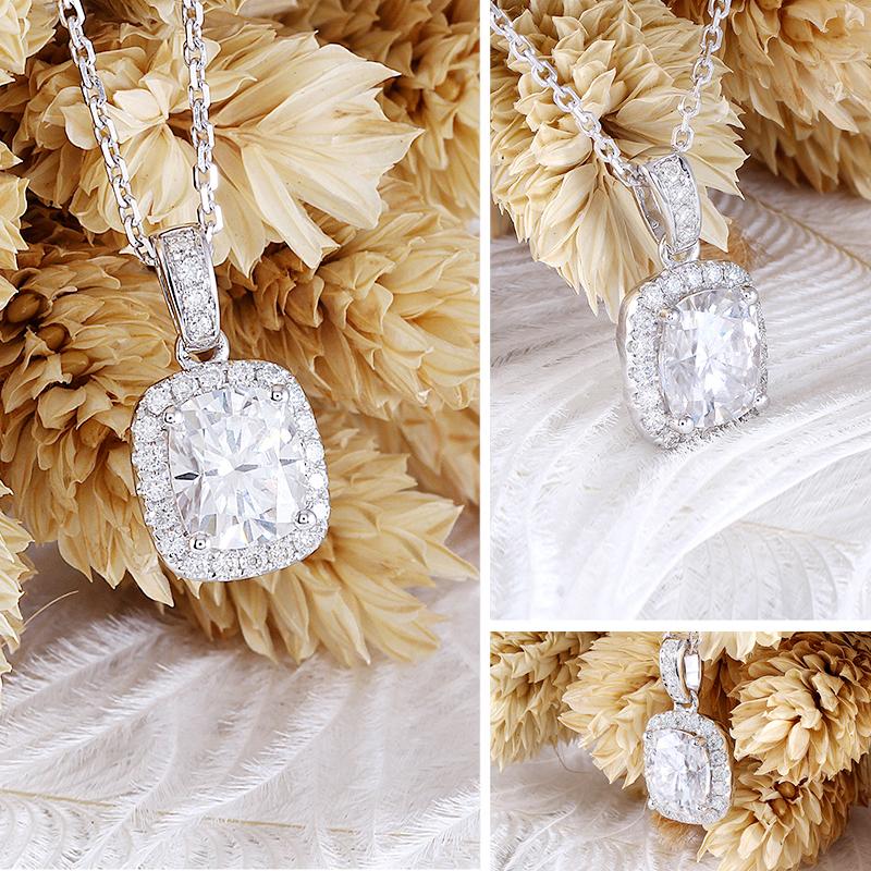 925 Sterling Silver Cushion Cut CZ Halo Pendant Necklace 7