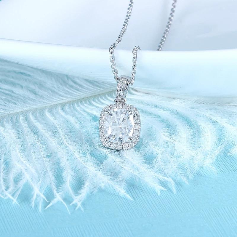 925 Sterling Silver Cushion Cut CZ Halo Pendant Necklace 2