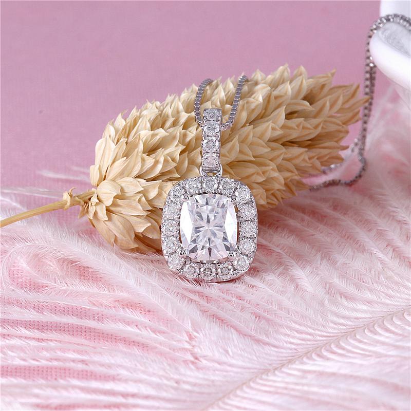 925 Sterling Silver Cushion Cut CZ Classic Halo Pendant Necklace 2