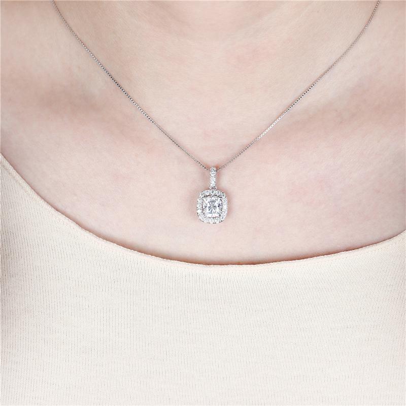 925 Sterling Silver Cushion Cut CZ Classic Halo Pendant Necklace 6