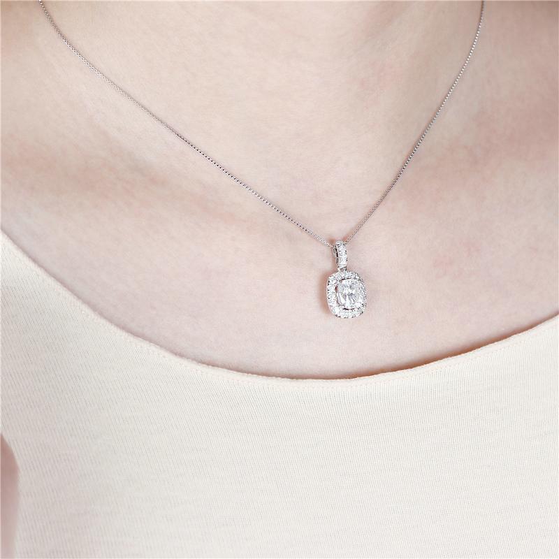 925 Sterling Silver Cushion Cut CZ Classic Halo Pendant Necklace 7