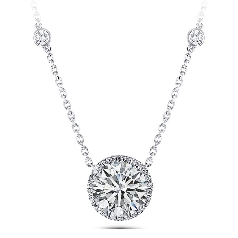 925 Sterling Silver Round Cut CZ  Diamond Halo Necklace 1