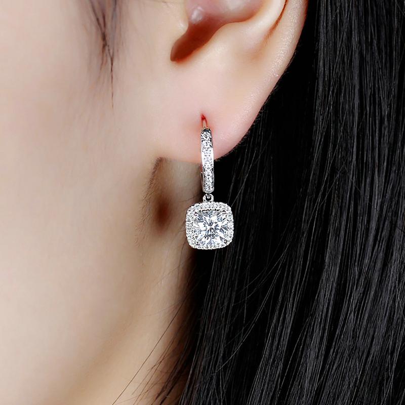 925 Sterling Silver Cushion Cut Cubic Zirconia Drop Halo Earrings 5