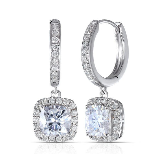 925 Sterling Silver Cushion Cut Cubic Zirconia Drop Halo Earrings 1