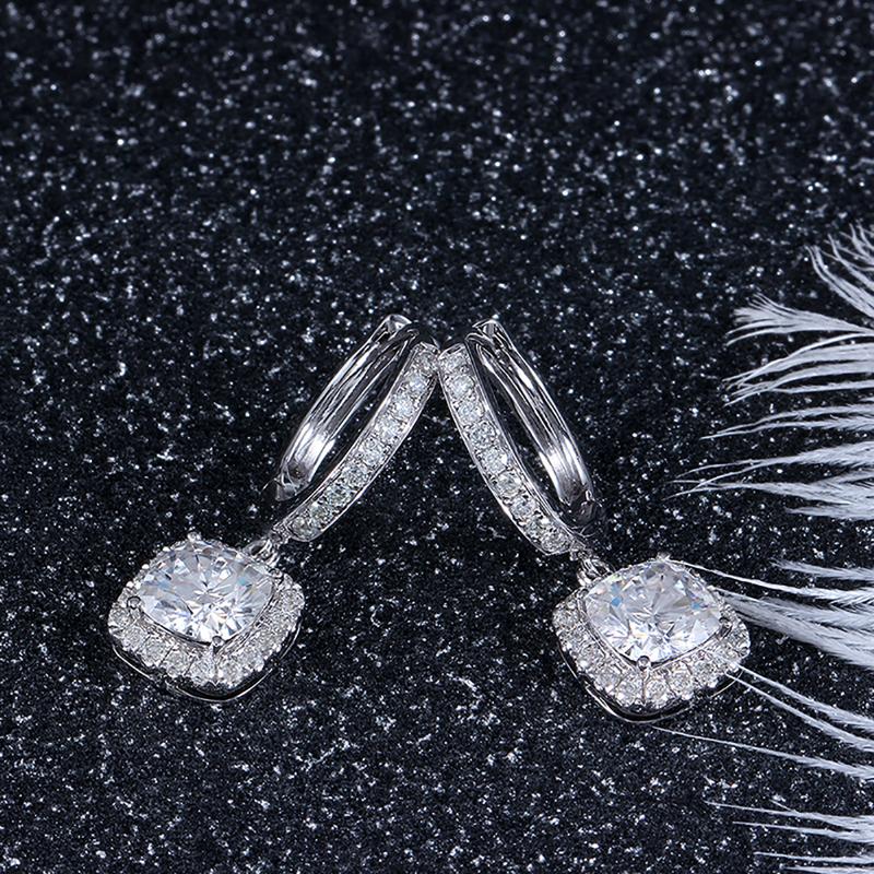 925 Sterling Silver Cushion Cut Cubic Zirconia Drop Halo Earrings 2