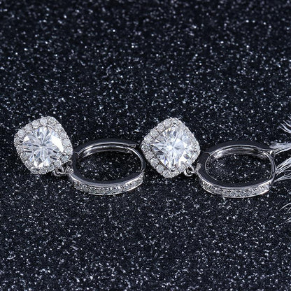 925 Sterling Silver Cushion Cut Cubic Zirconia Drop Halo Earrings 3