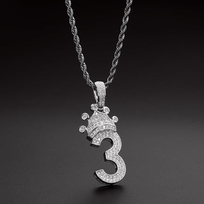 925 Sterling Silver Number 3 Created Diamond Hip Hop Long Chain Pendant Necklace 6