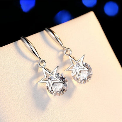 925 Sterling Silver Round Cubic Zirconia Fashion Five-Pointed Star Hook Earrings 2