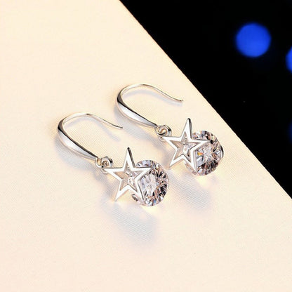 925 Sterling Silver Round Cubic Zirconia Fashion Five-Pointed Star Hook Earrings 1