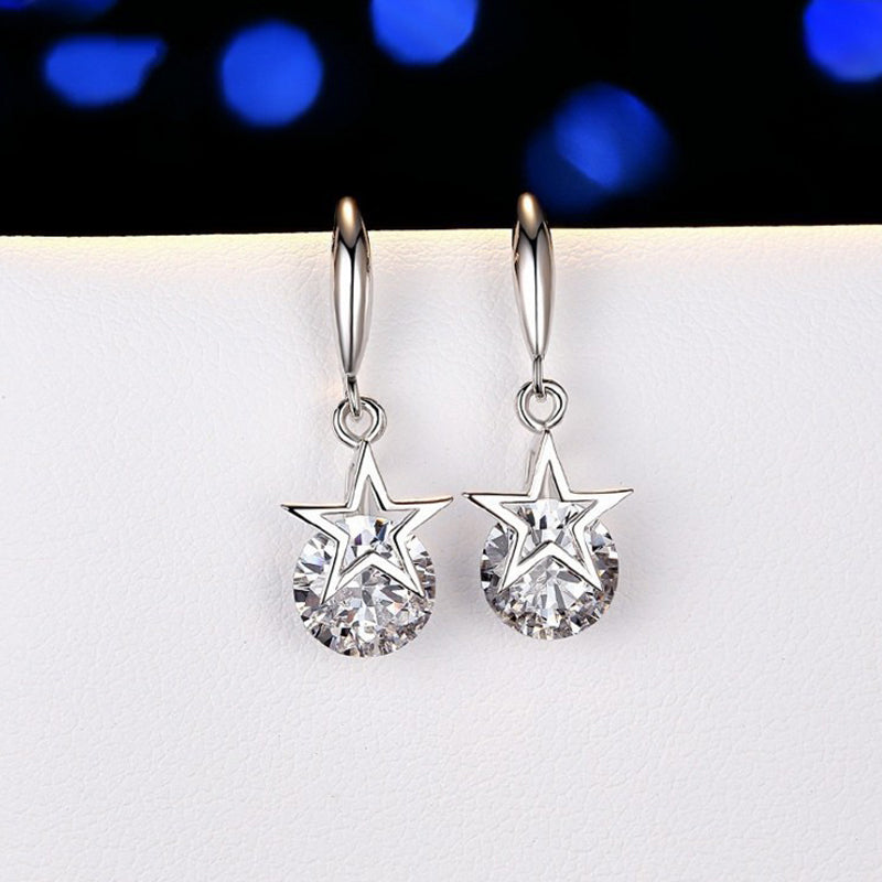 925 Sterling Silver Round Cubic Zirconia Fashion Five-Pointed Star Hook Earrings 3