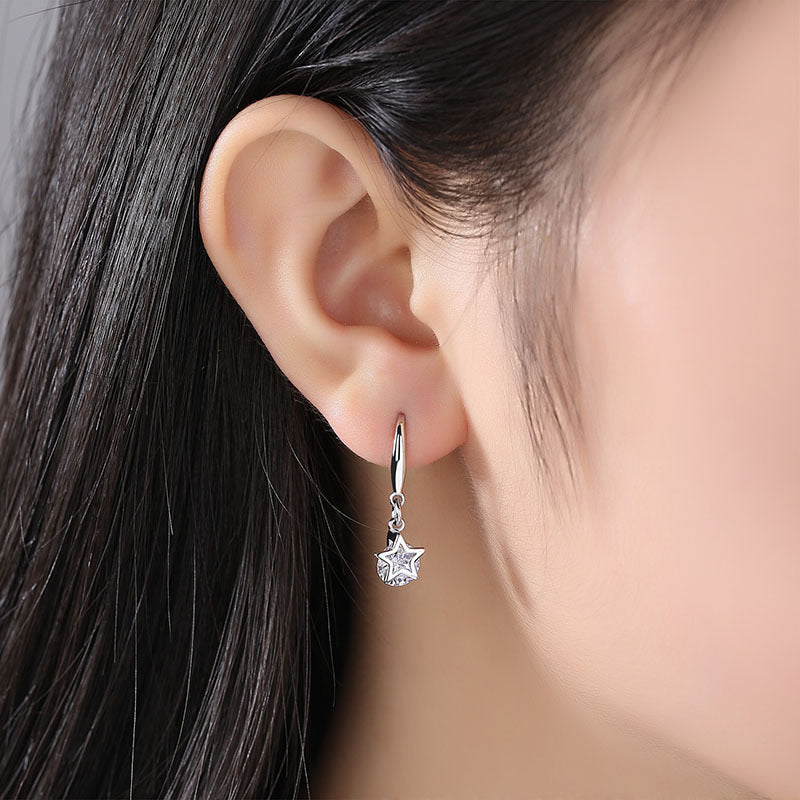 925 Sterling Silver Round Cubic Zirconia Fashion Five-Pointed Star Hook Earrings 4