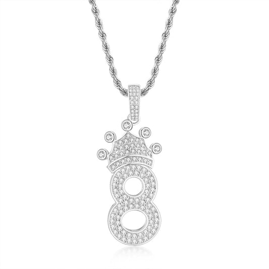 925 Sterling Silver Number 8 Crown Created CZ Pendant Necklace 1