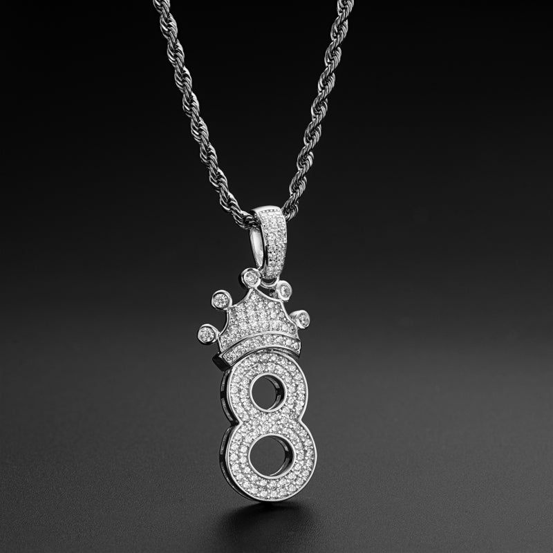 925 Sterling Silver Number 8 Crown Created CZ Pendant Necklace 11