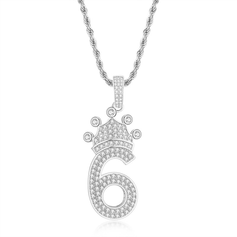 925 Sterling Silver Number 6 Crown Created CZ Pendant Necklace 1