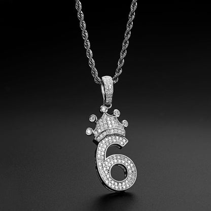 925 Sterling Silver Number 6 Crown Created CZ Pendant Necklace 8