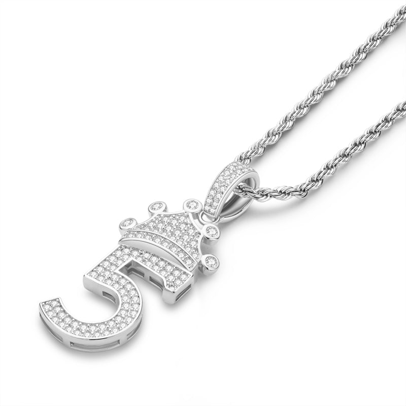 925 Sterling Silver Number 5 Crown Created Diamond Pendant Necklace 3