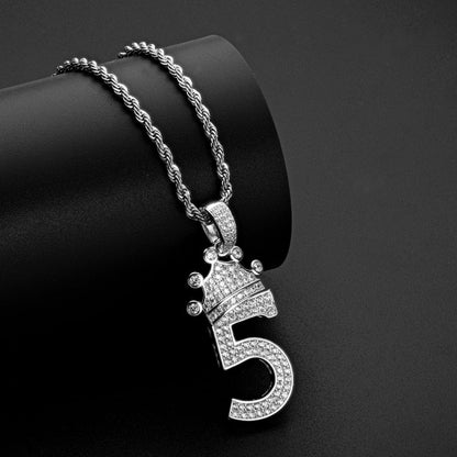 925 Sterling Silver Number 5 Crown Created Diamond Pendant Necklace 8