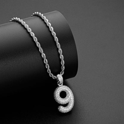 925 Sterling Silver Number 9 Created Diamond Hip Hop Rope Chain Pendant Necklace 9