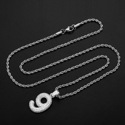 925 Sterling Silver Number 9 Created Diamond Hip Hop Rope Chain Pendant Necklace 10